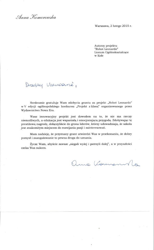 LO w Kole: Gratulacje od prezydentowej Anny Komorowskiej