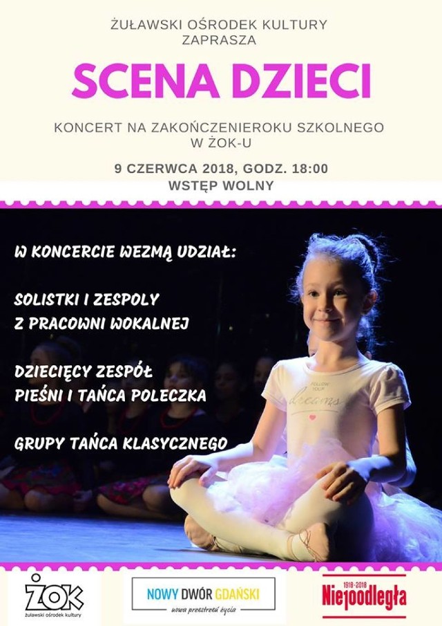 Nowy Dwór Gdański. W sobotę 9 czerwca w Żuławskim Ośrodku Kultury odbędzie się koncert zamykający działania edukacyjne i artystyczne kulturalnej placówki w tym roku szkolnym. Na scenie zobaczymy solistki z pracowni wokalnej, Dziecięcy Zespół Pieśni i Tańca Poleczka, a także grupę z Pracowni Tańca Klasycznego.