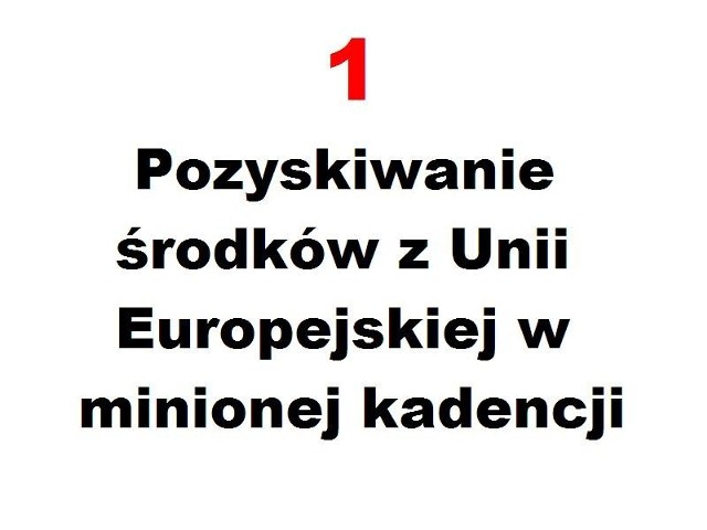 POZYSKIWANIE ŚRODKÓW UNIJNYCH
Od 1 stycznia do końca obecnej kadencji samo miasto, miejskie spółki i instytucje otrzymały decyzje o pozyskaniu ok. 37,1 mln zł. W przeliczeniu na jednego mieszkańca wychodzi niewiele ponad tysiąc złotych zdobytych środków na osobę. Średnia województwa to 2900 zł. Zdobyto m.in. pieniądze na modernizację murów, rewitalizację centrum Lęborka czy przebudowę kanalizacji sanitarno-deszczowej. 

Nasza ocena - 3.

Zgadzasz się?