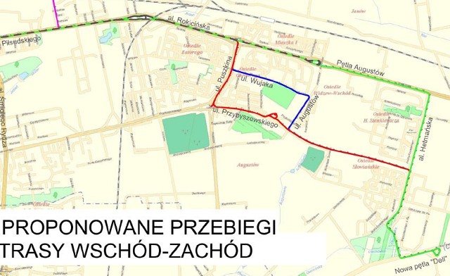 Mapa przedstawia przebieg pięciu wariantów trasy W-Z.