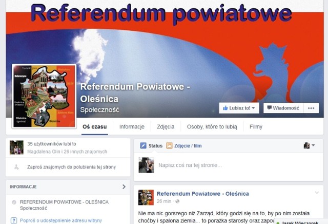 Print screen z fan page'a - społeczności Referendum Powiatowe - Oleśnica