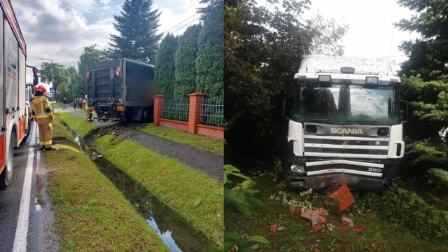 Ciężarówka zjechała z drogi i wjechała na teren ogrodu przy kościele w Łętowicach taranując wcześniej ogrodzenie