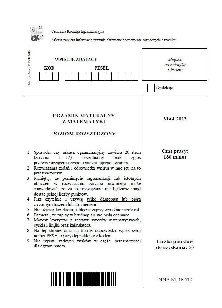 Matura 2013: Matematyka poziom rozszerzony [ARKUSZE, PYTANIA, ODPOWIEDZI]