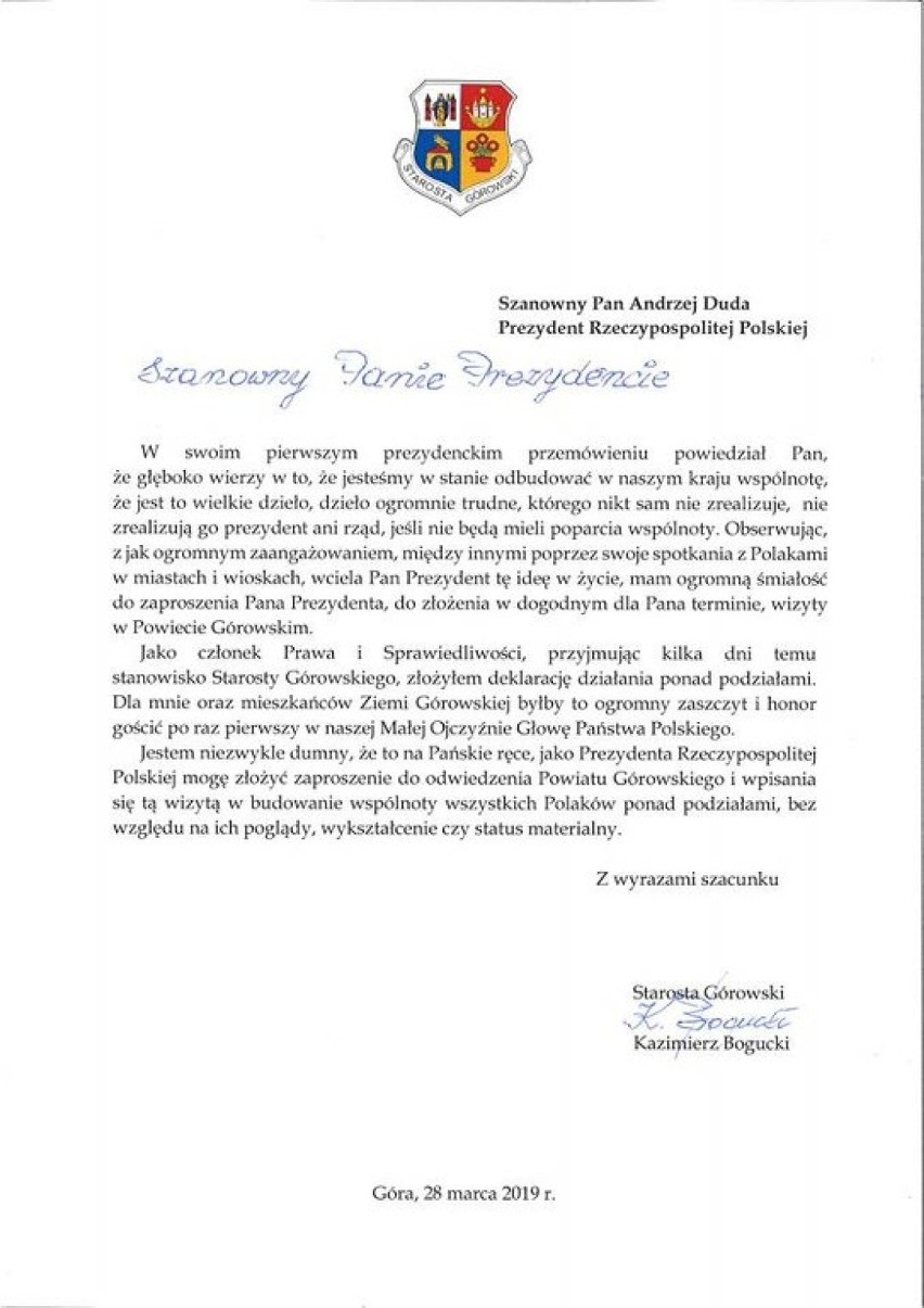 Kazimierz Bogucki zaprosił prezydenta RP do odwiedzin powiatu górowskiego