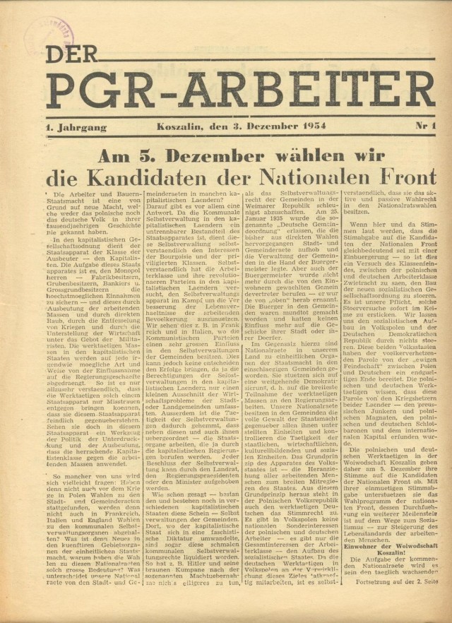 Pierwszy numer periodyku &quot;Der PGR Arbeiter&quot; wydawanego specjalnie dla mniejszości niemieckiej.