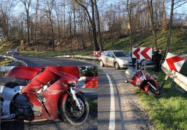 Na niebezpiecznych zakrętach w Olbięcinie motocyklista jadący ze zbyt dużą prędkością stracił panowanie nad maszyną i uderzył w barierki. Skończyło się złamaniem ręki pasażerki i zniszczeniem motocykla.