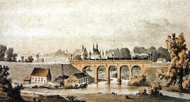 Most kolejowy przez Brdę zbudowany w 1851 roku utrwalił na rycinie Julius Greth około 1853 roku.