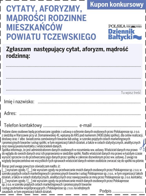 Wydrukuj, wypełnij i wyślij kupon na adres redakcji "Dziennika Bałtyckiego" w Tczewie