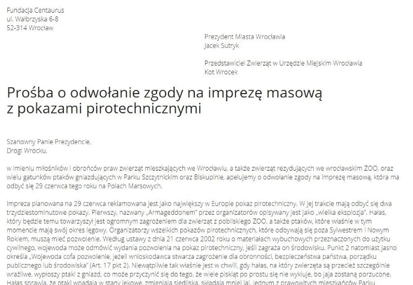 Wrocław. Petycja do prezydenta Jacka Sutryka i... jego kota. Będzie zakaz pokazów pirotechnicznych?