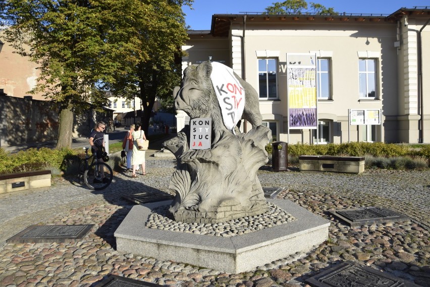 Akcja z koszulkami w Kielcach. Pomnik dzika Kiełka „ubrany” w Konstytucję. Policja w akcji