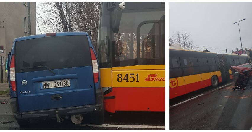 Wypadek na ul. Radzymińskiej w Warszawie. Zderzyły się trzy samochody osobowe i autobus. Możliwe utrudnienia w ruchu 