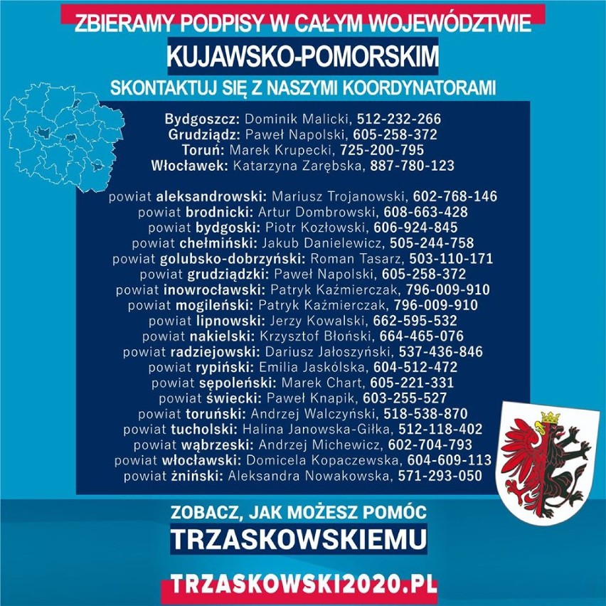 W tych miejscach w Kujawsko Pomorskiem zbierane będą podpisy pod kandydaturą Rafała Trzaskowskiego