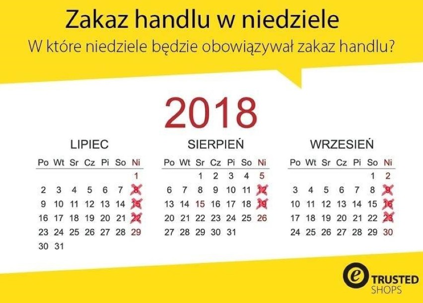 Zakaz handlu w niedzielę 2018: lipiec, czerwiec, wrzesień