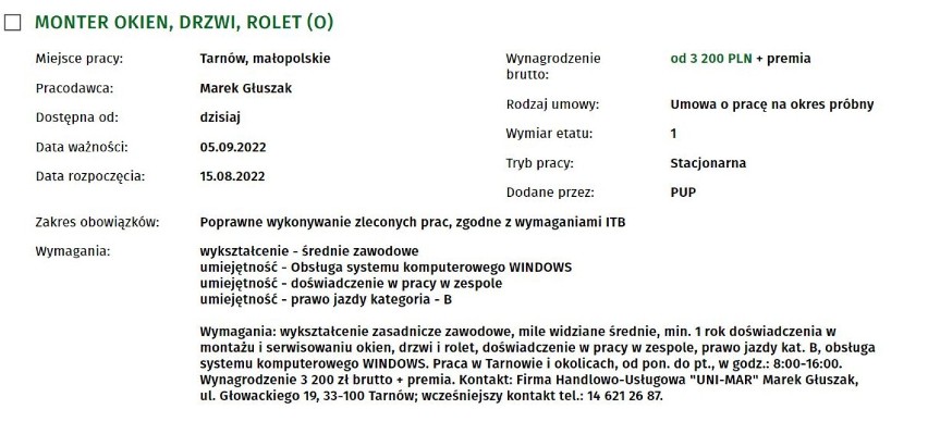 Oferty pracy z tarnowskiego PUP