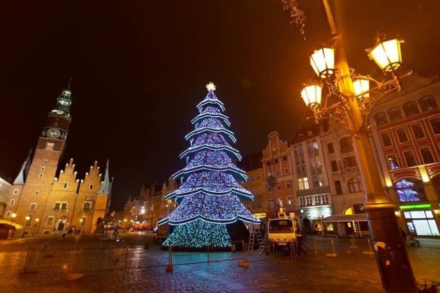 Próbne rozświetlenie najnowszej choinki na wrocławskim Rynku. Oficjalne zapalenie światełek w mikołajkowy weekend.