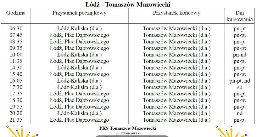 Rozkład jazdy Tomaszów Łódź