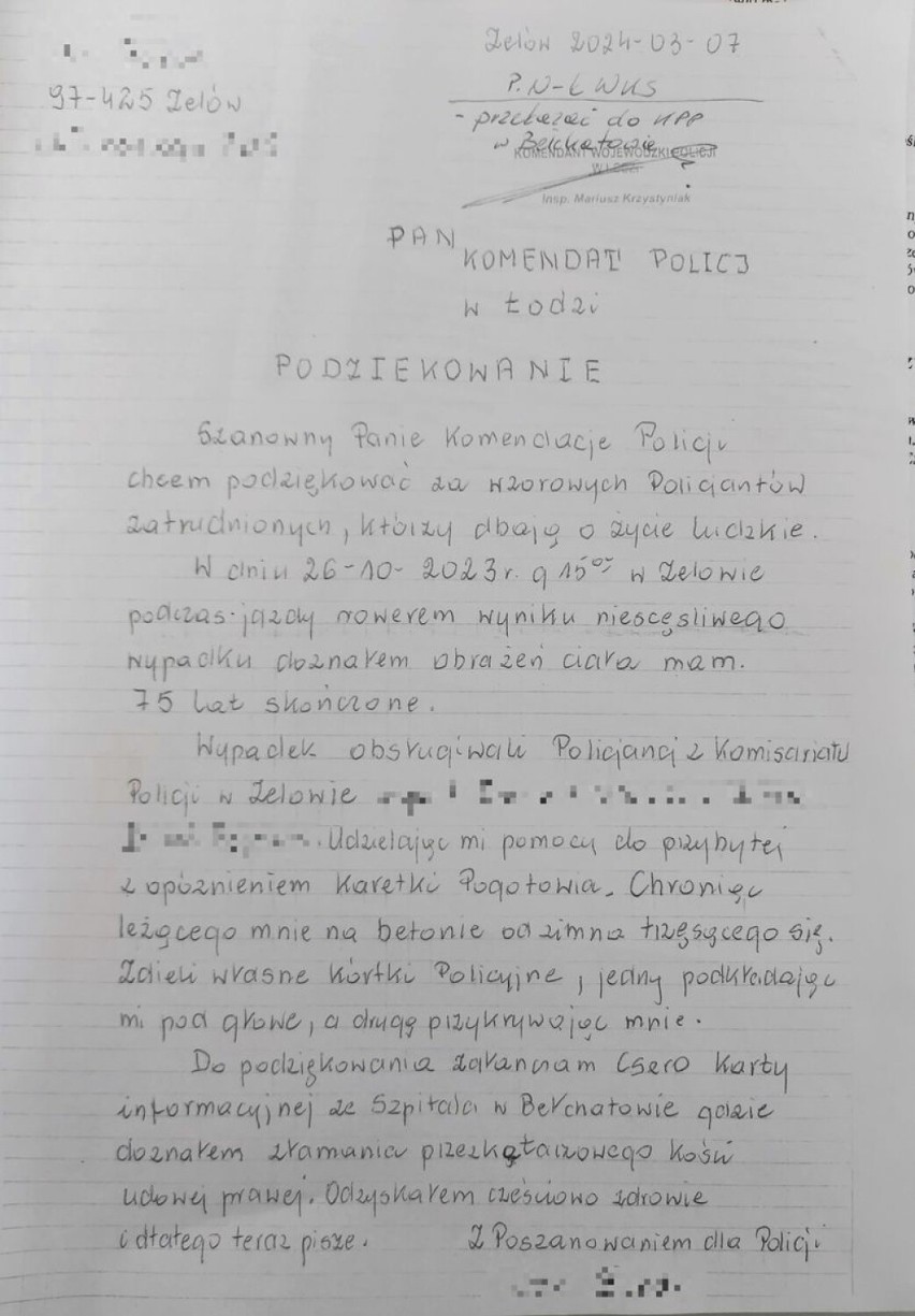 List mieszkańca do komendanta policji w sprawie policjantów...