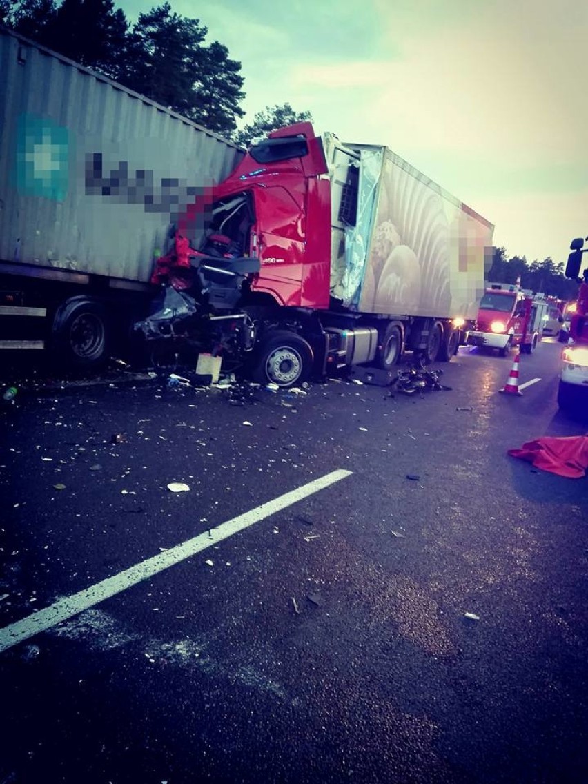 Wypadek na autostradzie w Nowych Marzach. Zderzyły się dwie ciężarówki [zdjęcia]
