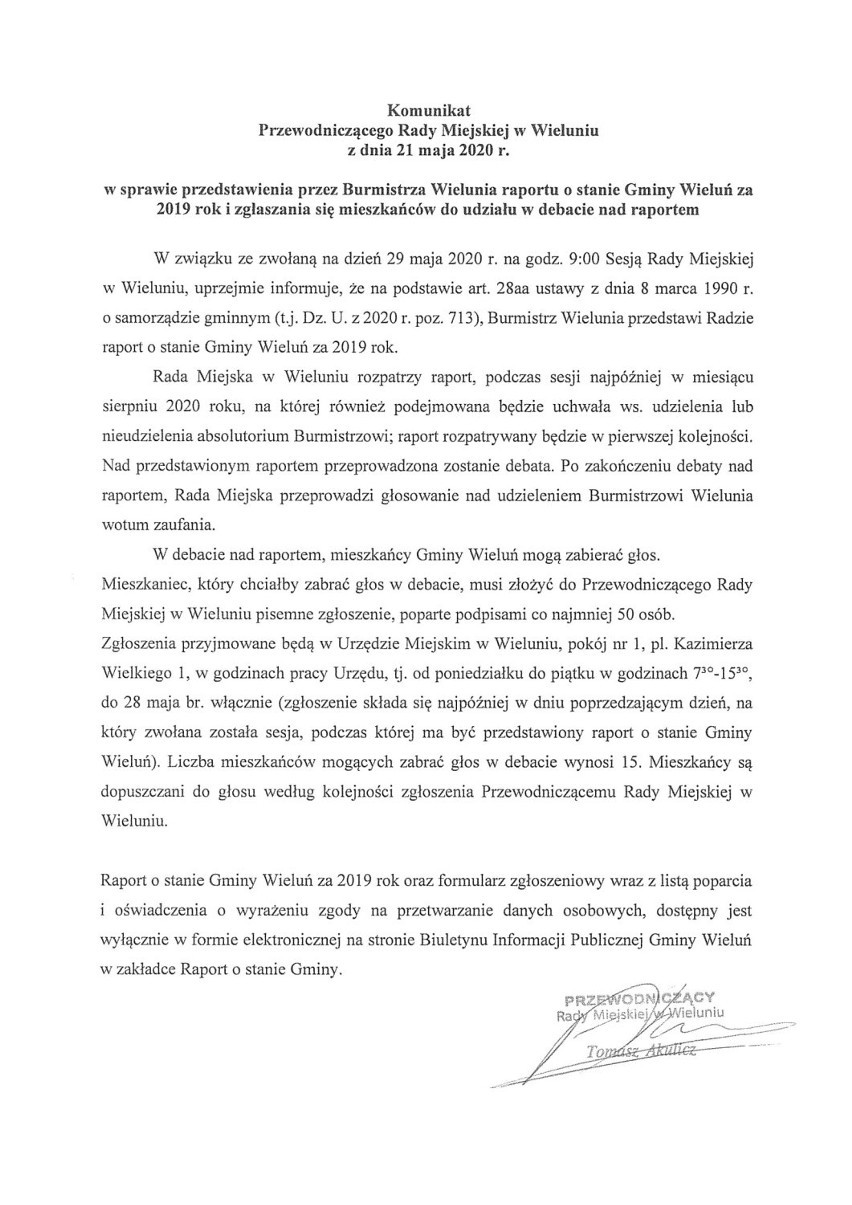 Komunikat przewodniczącego Rady Miejskiej w Wieluniu (kliknij na dokumencie, aby powiększyć)