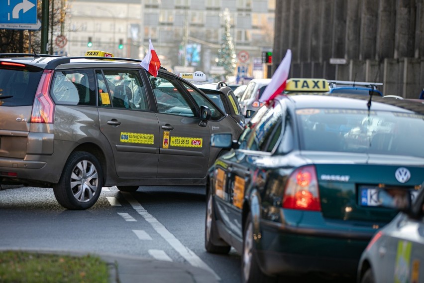 Protest taksówkarzy w Krakowie, środa 25.11