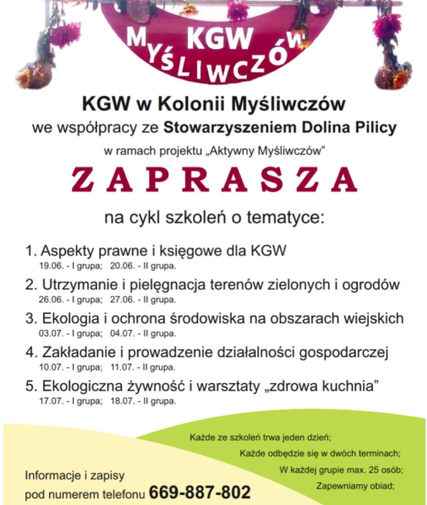 Gmina Wielgomłyny: KGW w Kolonii Myśliwczów zaprasza na cykl szkoleń
