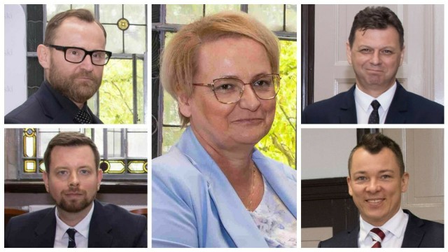 Oto nowy zarząd powiatu oleskiego na kadencję 2024-2029. W środku starosta Bożena Konarska-Markiewicz, po lewej Piotr Rasztar i Paweł Polak, z prawej; Roland Fabianek i Damian Hutsch.