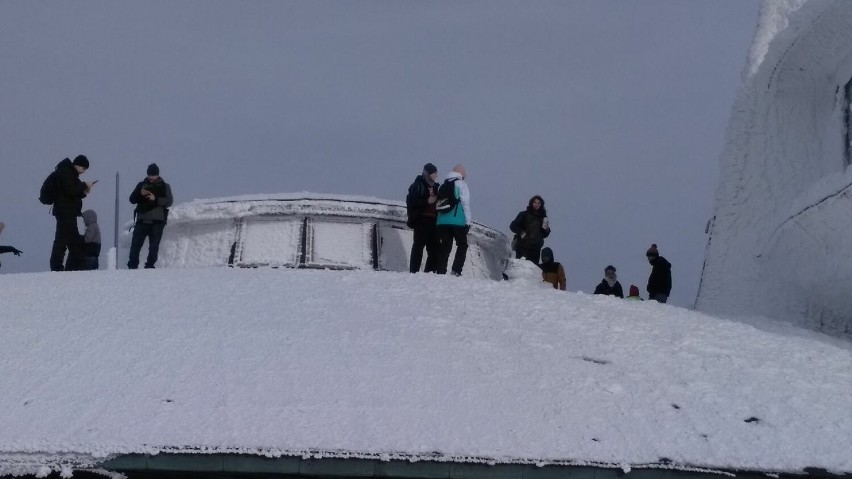 W lutym 2021 roku zdjęcie turystów z dachu spodka...
