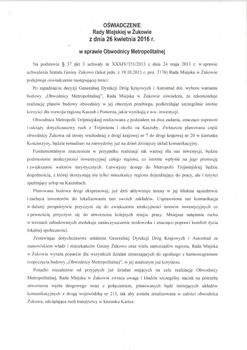 Radni Żukowa podjęli oświadczenie w sprawie poparcia dla budowy Obwodnicy Metropolitalnej Trójmiasta
