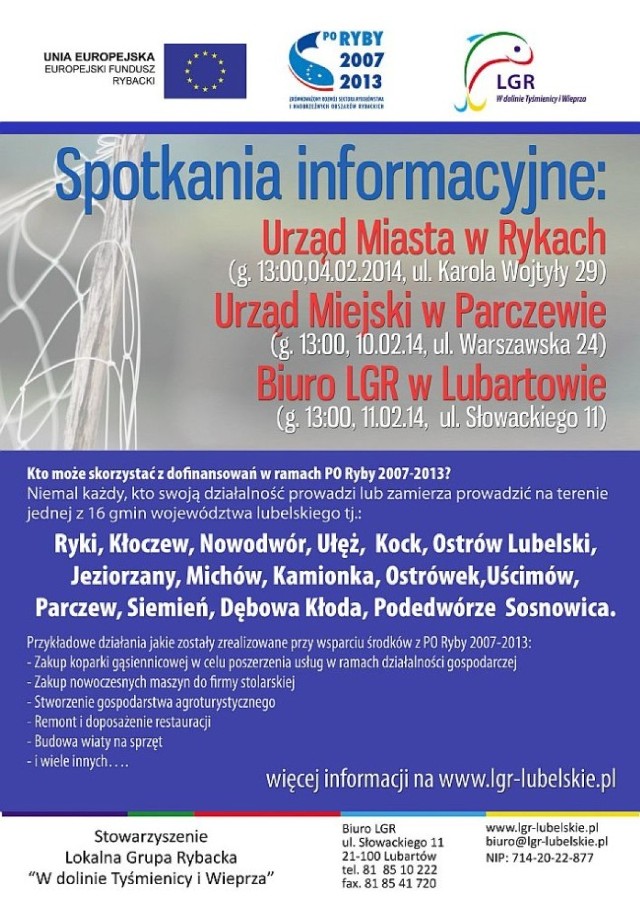 Lokalna Grupa Rybacka w Lubartowie organizuje kolejne spotkanie informacyjne dla mieszkańców Parczewa.