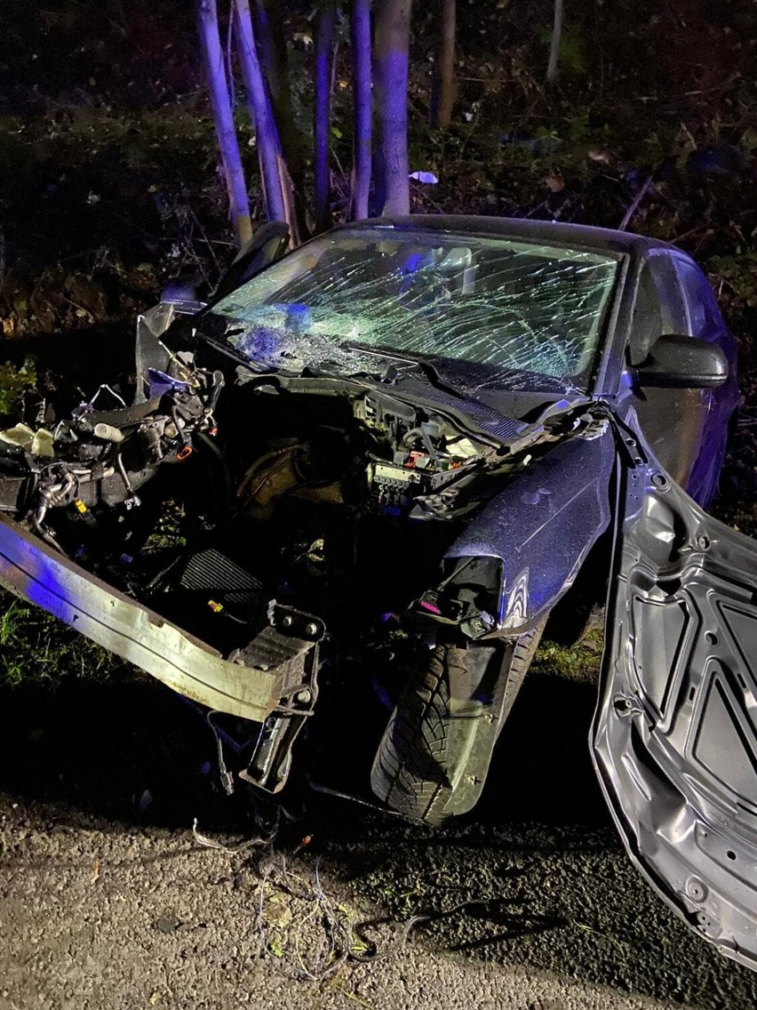 Nocny wypadek pomiędzy Boguszowem a Gorcami. Samochód wypadł z drogi i uderzył w drzewo. Trzech poszkodowanych