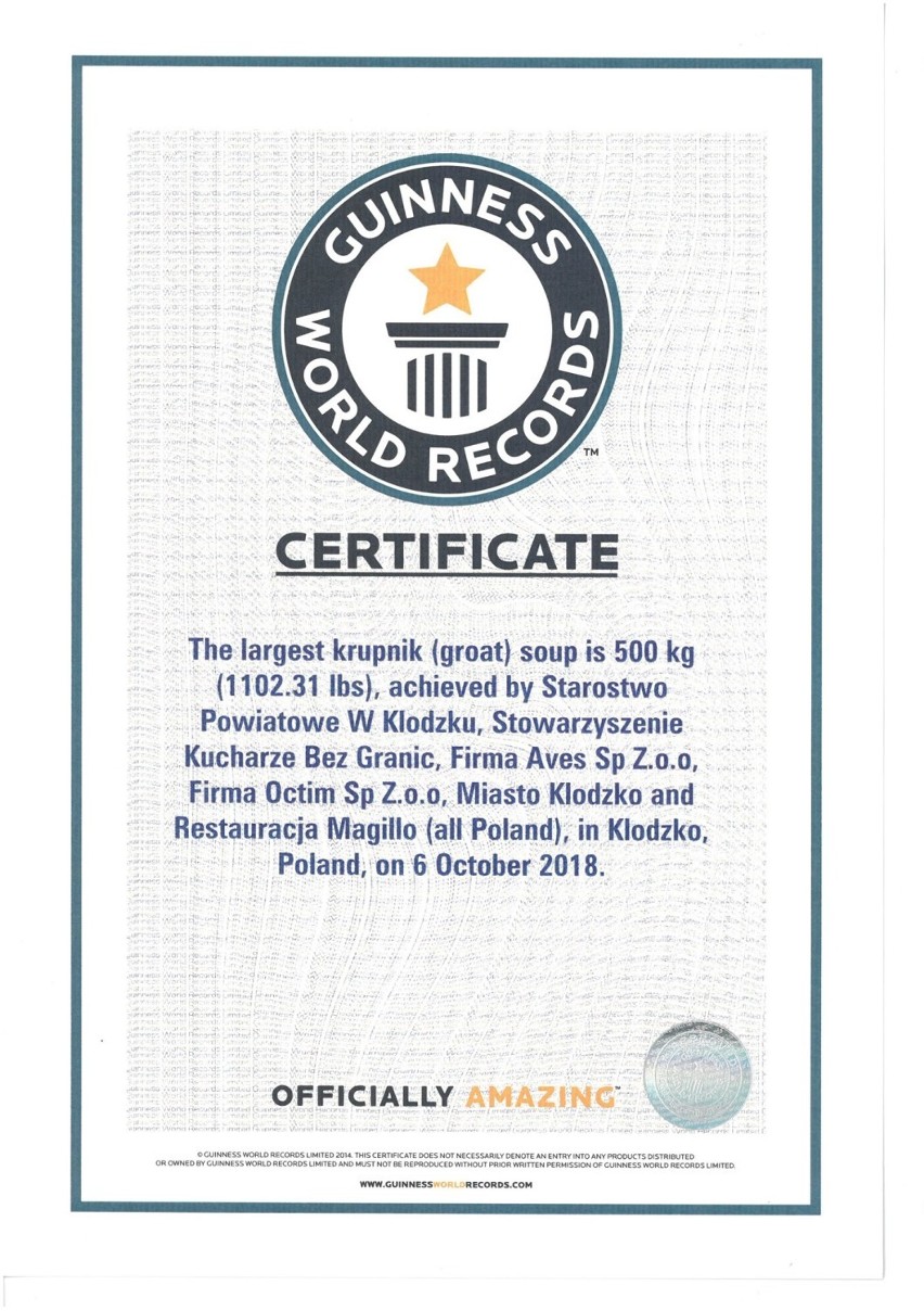 Certyfikat pobicia Rekordu Guinnessa już w rękach Starosty 