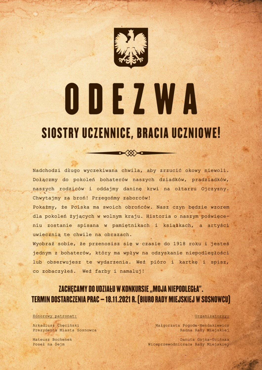 Niepodległościowy konkurs w Sosnowcu. Uczniowie mogą wcielić się w  walczących o wolną Polskę | Sosnowiec Nasze Miasto