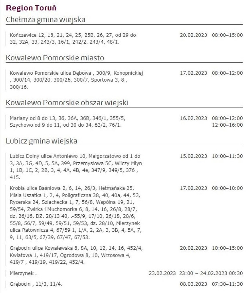 Tu nie będzie prądu w Kujawsko-Pomorskiem [miasta, gminy - 18.02.2023]