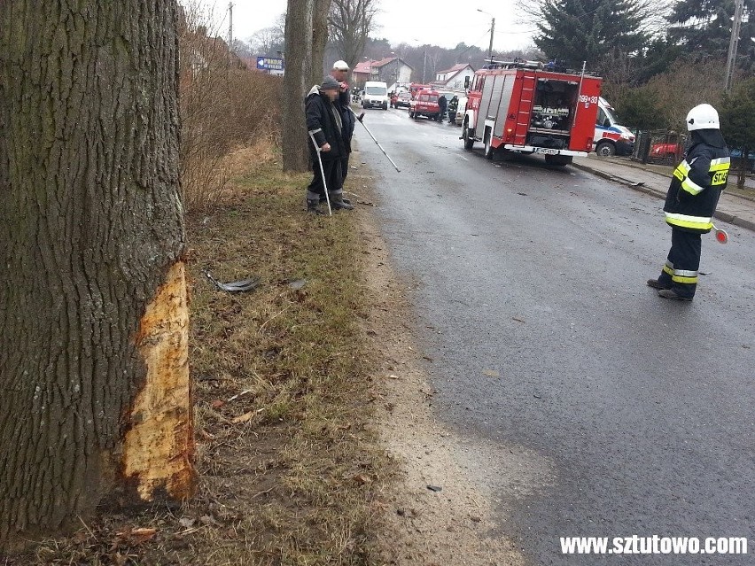 Groźny wypadek w Sztutowie. Pijany kierowca zjechał z drogi wprost na drzewo