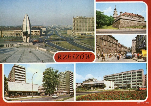 Lata 1972-1974 , Rzeszów. "Pomnik Walk Rewolucyjnych, z prawej hotel "Rzeszów". Zamek - siedziba Sądu Wojewódzkiego. Ulica 3 Maja. Ulica Obrońców Stalingradu. Rondo Feliksa Dzierżyńskiego".
Pocztówka KAW.