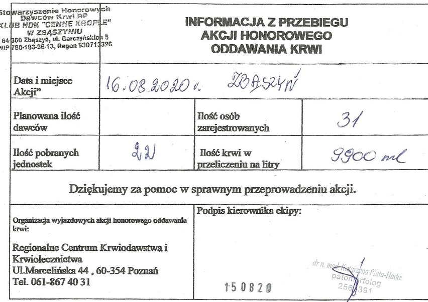 Zbąszyń: Cenne Krople  w akcji - "Łączy nas krew, która ratuje życie" 16 sierpnia 2020 [Zdjęcia]                                            