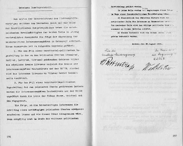 Tajny protokół niemiecko-sowieckiego paktu Ribbentrop-Mołotow z 23 sierpnia 1939 r. Zachowany w materiale dowodowym obrony Goeringa z procesu norymberskiego.