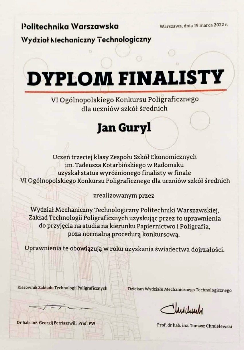 Jan Guryl, uczeń ZSE w Radomsku, zdobył indeks Politechniki Warszawskiej