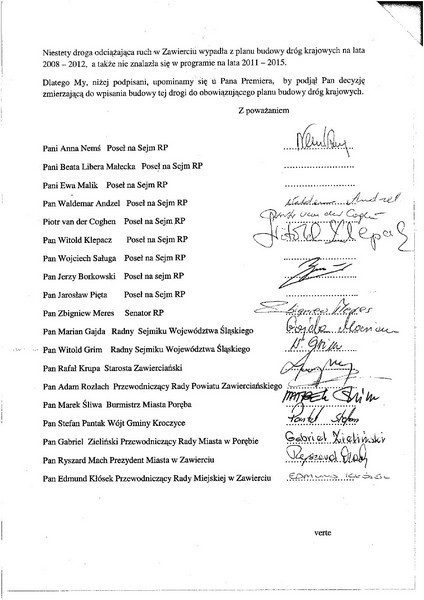 Obwodnica Zawiercia: Posłowie przekazali petycję premierowi Donaldowi Tuskowi