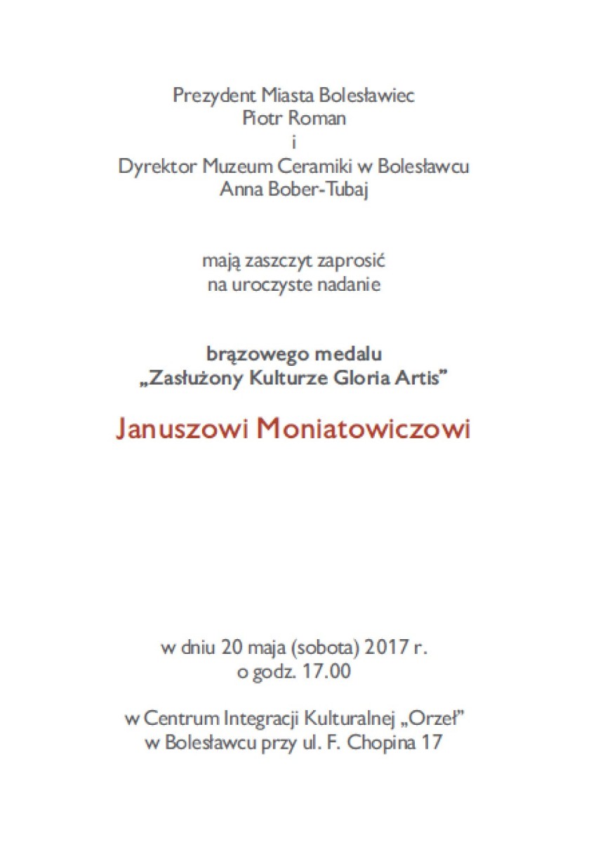 Bolesławiec: Gloria Artis dla fotografika Janusza Moniatowicza