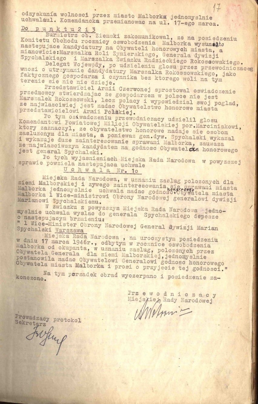 Protokół z posiedzenia Miejskiej Rady Narodowej w Malborku z 17 marca 1946 roku