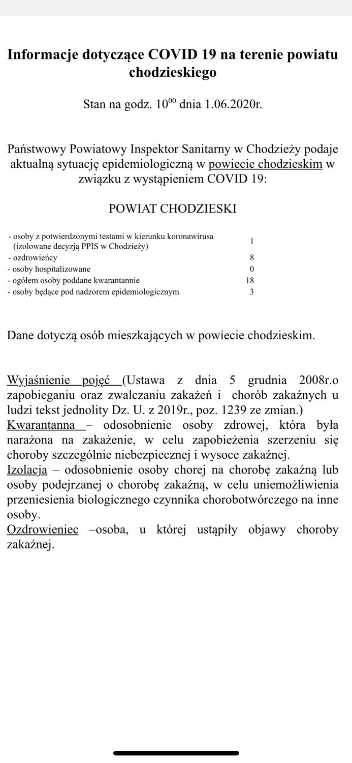 Koronawirus: W powiecie chodzieskim jest 1 osoba zakażona i 18 osób na kwarantannie