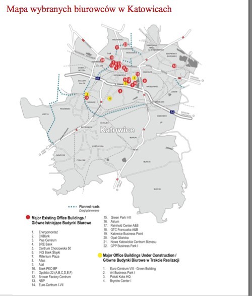 Lokalizacja biurowców w Katowicach (wybranych). Mapa firmy...