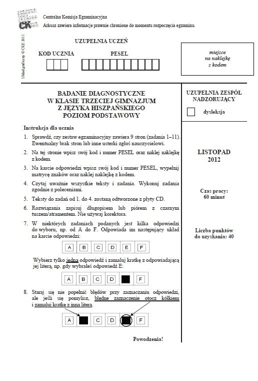 Próbny test gimnazjalny: Język hiszpański podstawowy [ODPOWIEDZI I ARKUSZ]