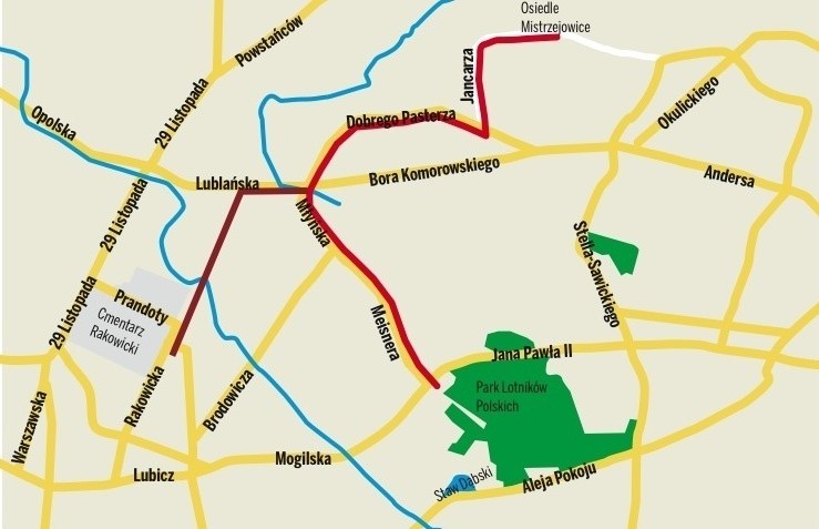 Dwa warianty trasy na Mistrzejowice (na czerwono i brązowo)