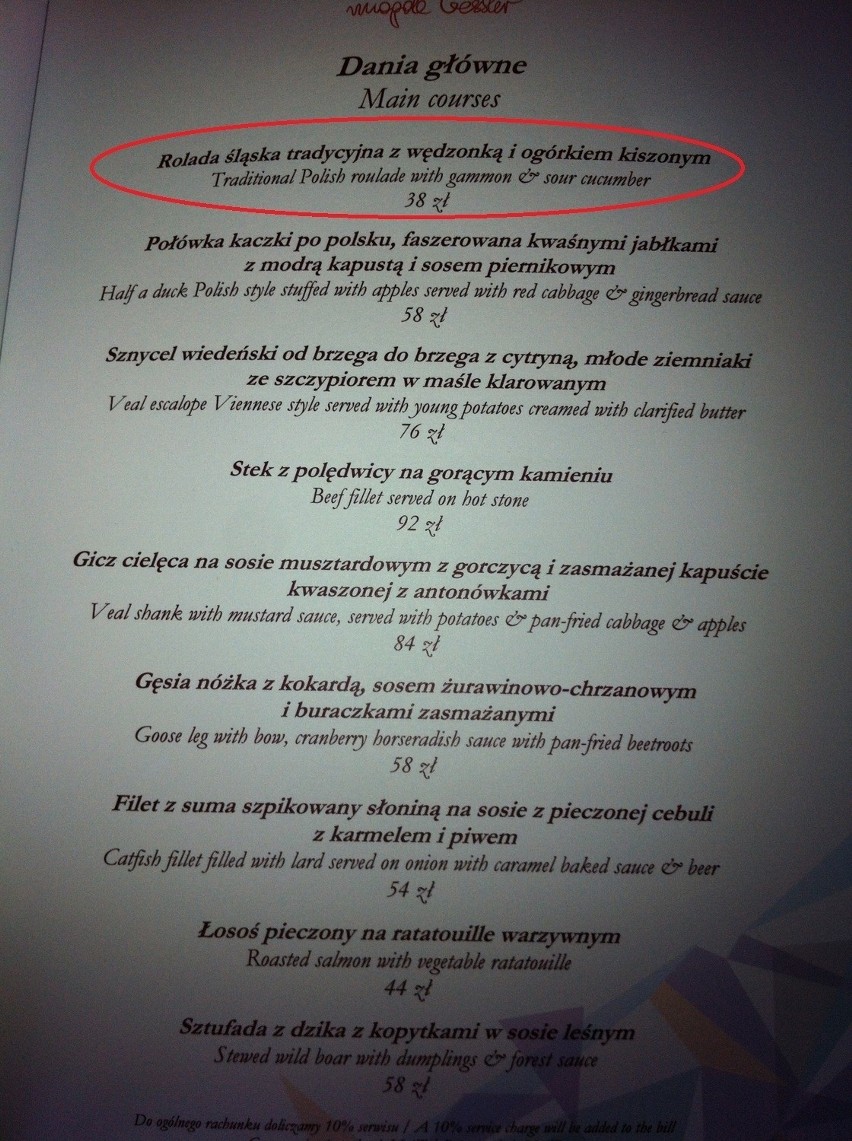 Menu restauracji Kryształowa