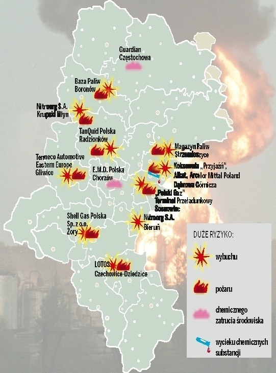 Mapa niebezpiecznych zakładów przemysłowych na terenie województwa śląskiego