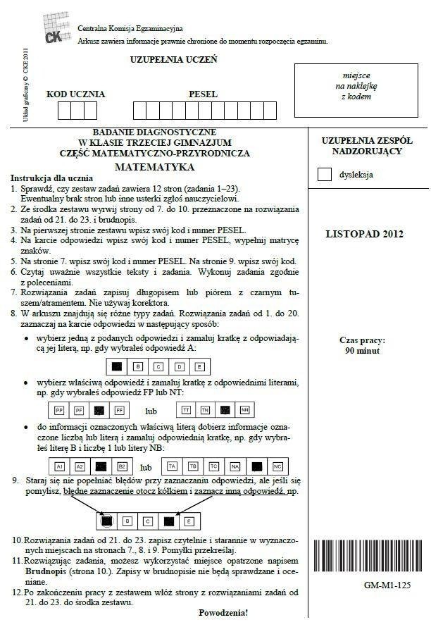 Próbny egzamin gimnazjalny 2013 z CKE [cz. matematyczno-przyrodnicza] ARKUSZE, ODPOWIEDZI