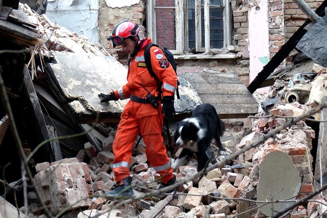 Strażacy z psami i sprzętem przeszukują gruzowisko po zawaleniu domu na Struga 80
