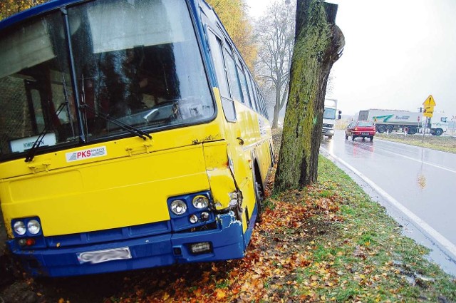 Dzięki przytomnej reakcji kierowcy, autobus minimalnie ominął przydrożne drzewo